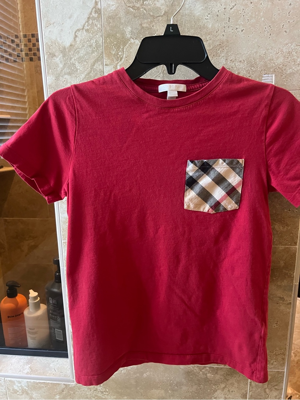 Burberry Red Crewneck Tee with Signature Check Pocket
